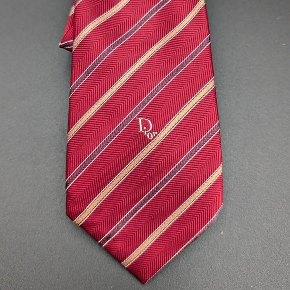 Christian Dior Necktie Mens Red Stripe Woven Herringbone Silk Polyester Tie Work